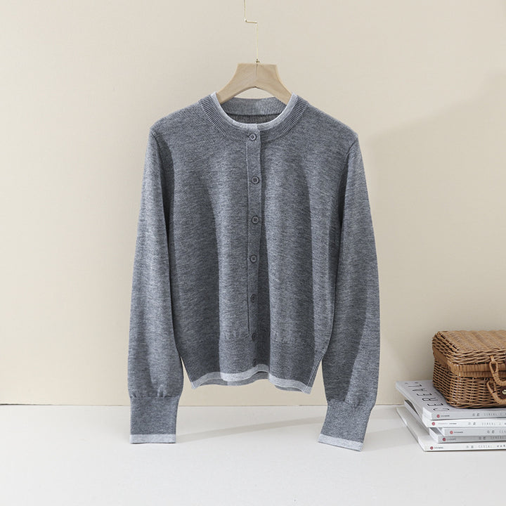 Damen Leichter Feinstrick-Cardigan mit Rundhals, Kontrastbündchen und durchgehender Knopfleiste Drune