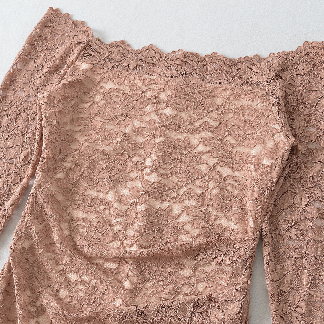 Damen Schulterfreies Spitzenkleid mit Taillenraffung und Langarm Drune