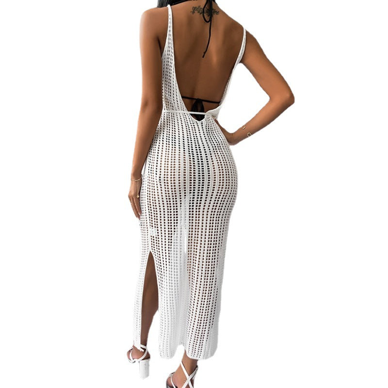Damen gehäkeltes Maxikleid mit tiefem V-Ausschnitt und seitlichem Schlitz Drune