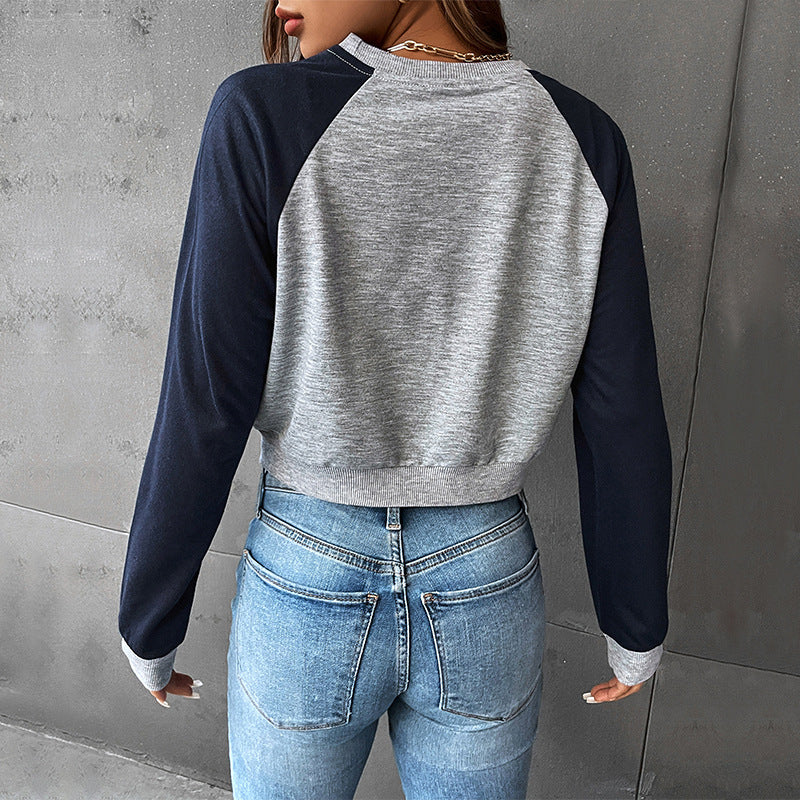 Damen Cropped Raglan-Sweatshirt mit Bergmotiv, Rippbündchen und lockerer Passform Drune
