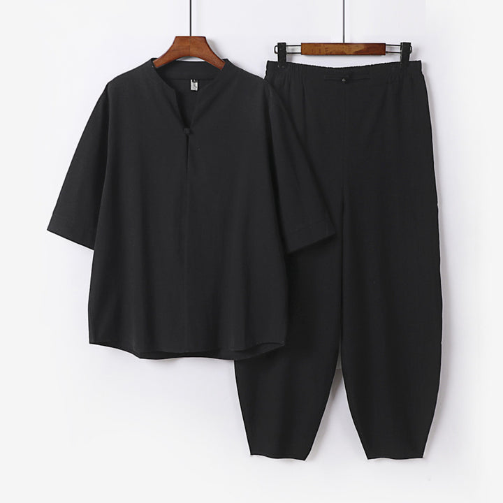 Herren Zweiteiliges Leichtes Leinen-Baumwoll-Set mit Mandarin-Kragen und elastischer Bundhose Drune
