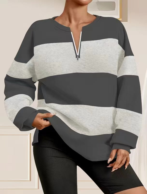 Damen modischer Sweatpullover mit Reißverschluss und gestreiftem Design Drune