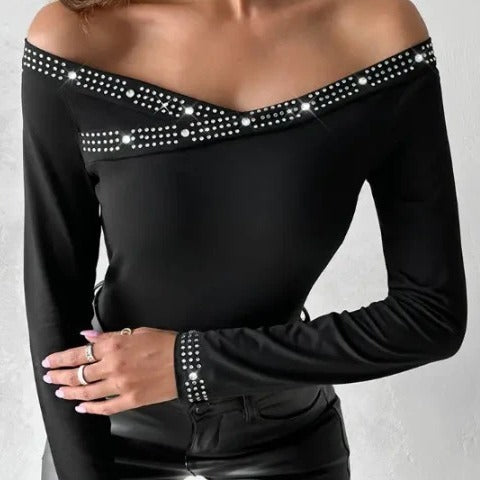 Damen Elegantes Off-Shoulder Oberteil mit Strass-Details Drune