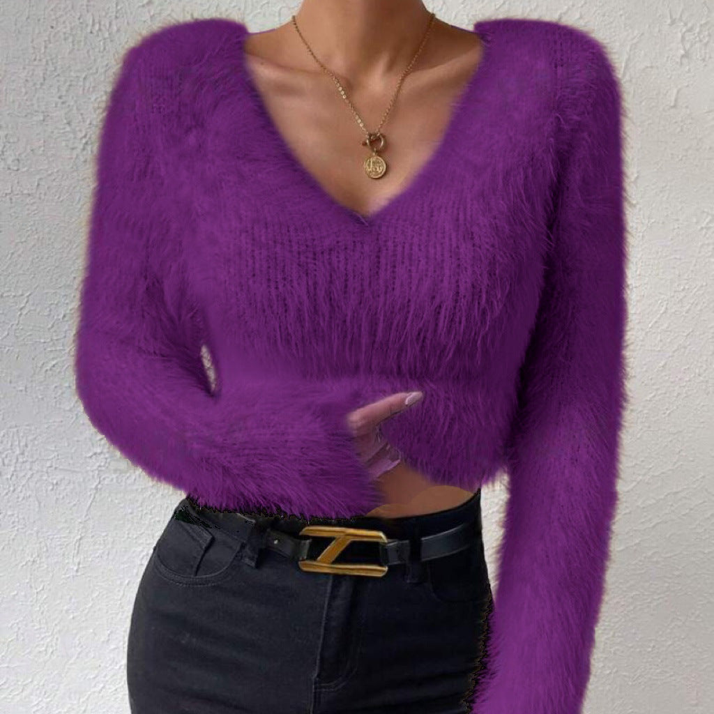Damen Flauschiger Crop-Pullover mit V-Ausschnitt und Eyelash-Struktur Drune