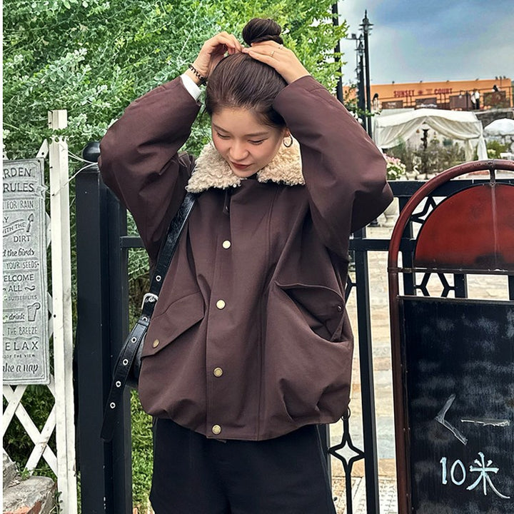 Damen Kurze Oversize-Boxy-Jacke mit Teddykragen und Druckknopfverschluss Drune