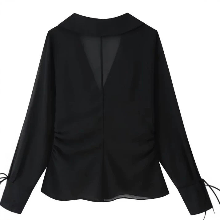 Damen Transparente Chiffonbluse mit Steinbesatz, Bindebändern und V‑Ausschnitt Drune
