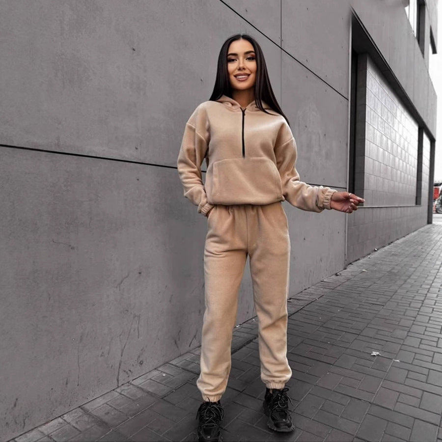 Damen sportliches Fleece-Set mit halbhohem Reißverschluss Kapuzenhoodie und lässiger Jogginghose Drune