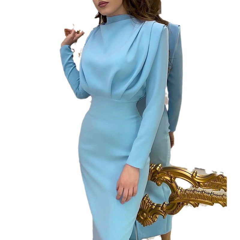 Damen Tailliertes Midikleid mit Drapierung am Oberteil und Stehkragen Drune