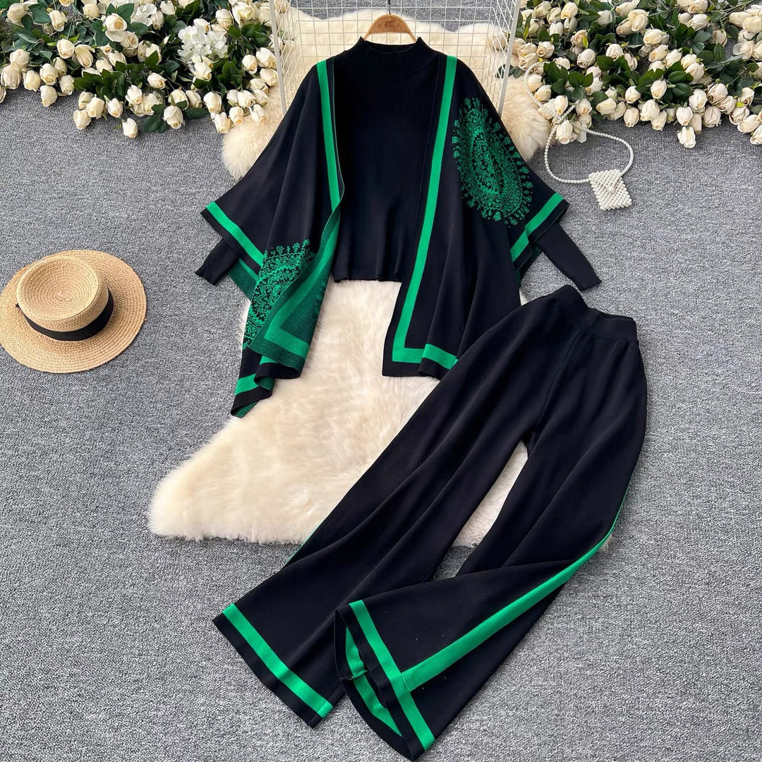Damen lässiges Strickensemble mit langen Ärmeln und weitem Bein Drune