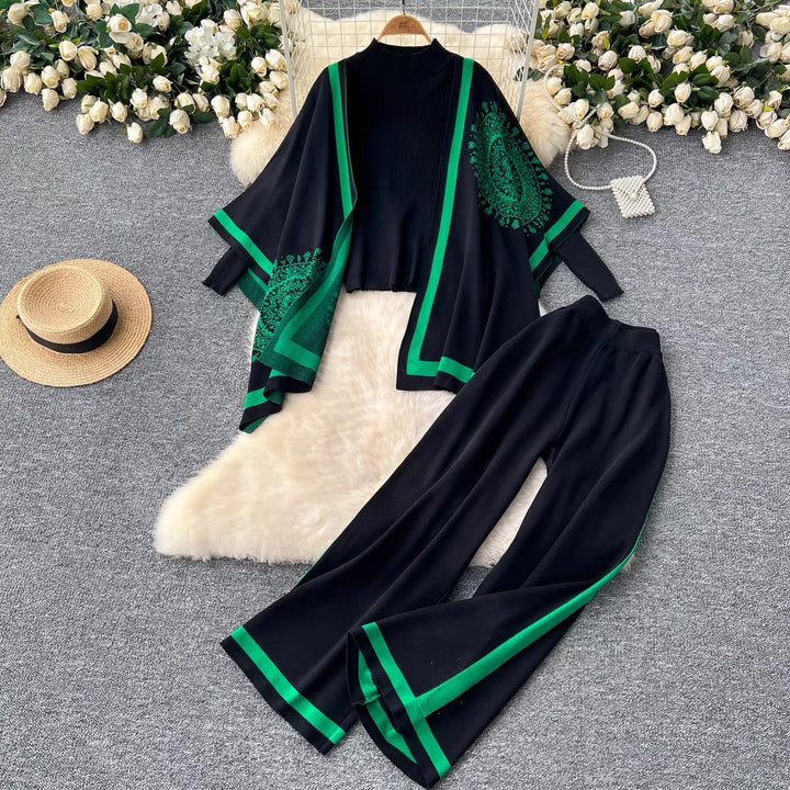 Damen lässiges Strickensemble mit langen Ärmeln und weitem Bein Drune