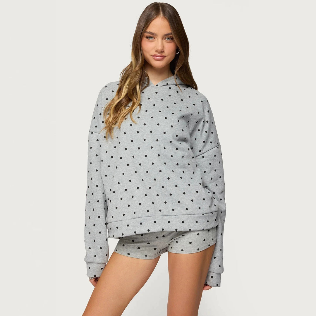 Damen nan gepunktetes Komfort-Set mit Kapuzensweatshirt, Kängurutasche und Shorts Drune