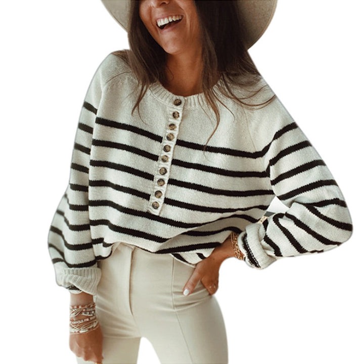 Damen gestreifter Pullover mit Knopfleiste Drune