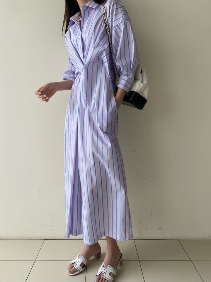 Damen Gestreiftes Hemdblusenkleid Maxi mit verdeckter Knopfleiste und Seitentaschen Drune