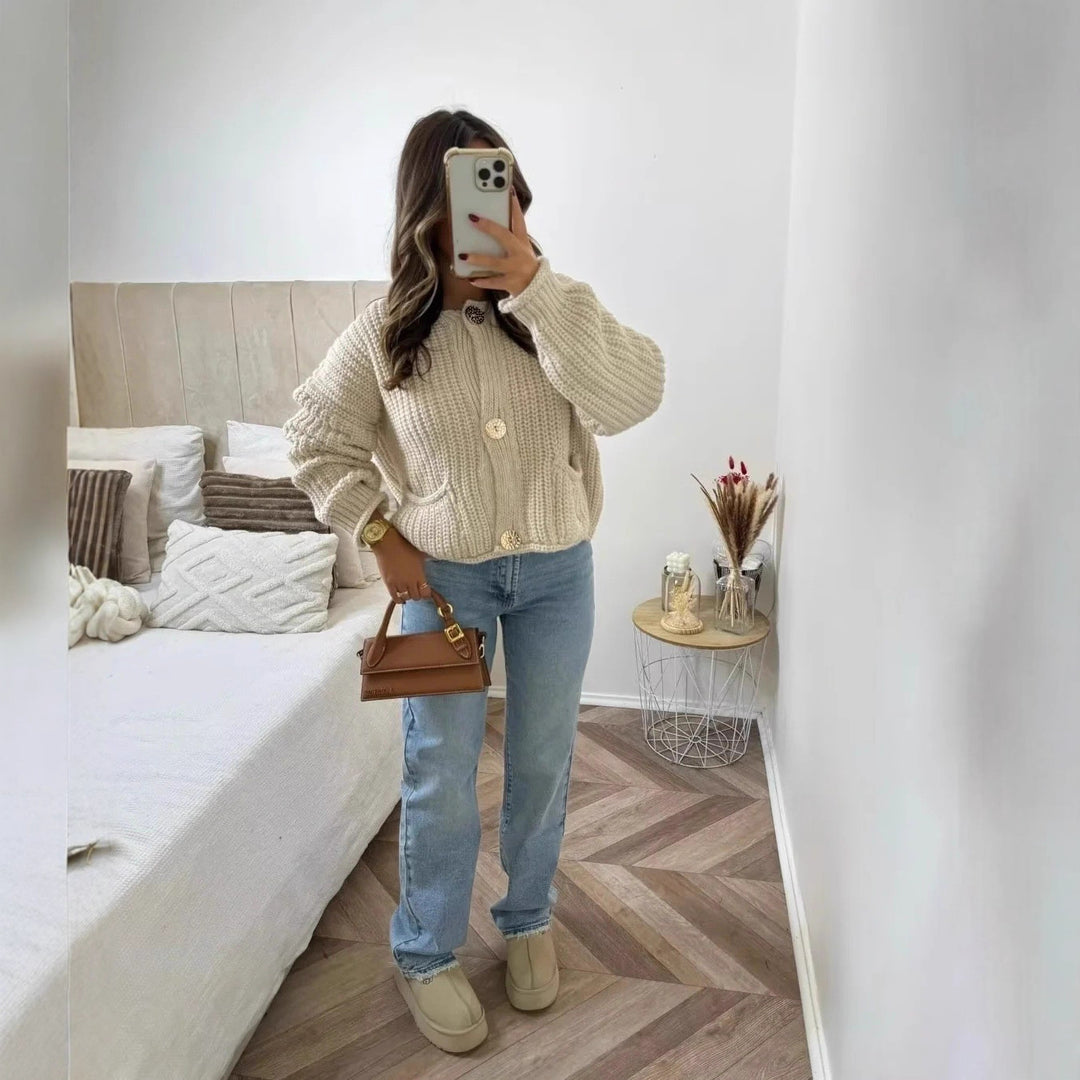 Damen Strickjacke mit dekorativen Knöpfen und praktischen Taschen Drune