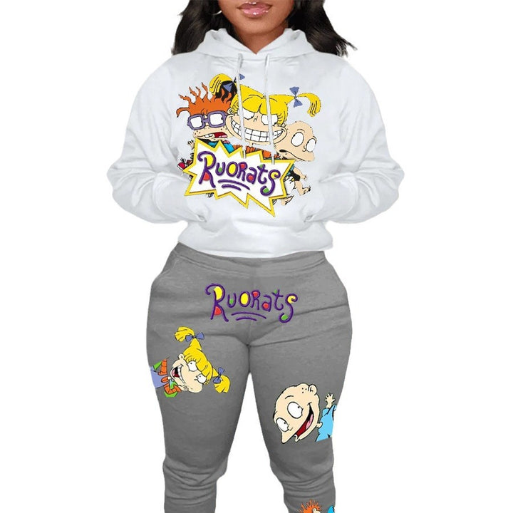 Damen Hoodie und Jogginghose Set mit farbenfrohen Cartoon-Motiven Drune