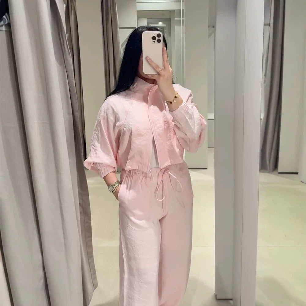 Damen Lässiges Satin-Trackset mit kurzem Reißverschluss-Top & weitem Tunnelzug-Hose Drune