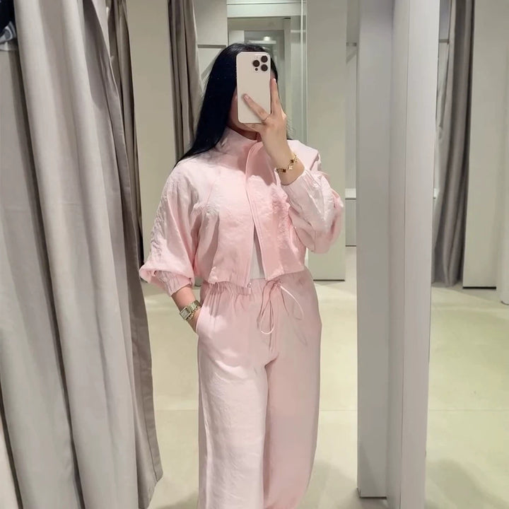Damen Lässiges Satin-Trackset mit kurzem Reißverschluss-Top & weitem Tunnelzug-Hose Drune