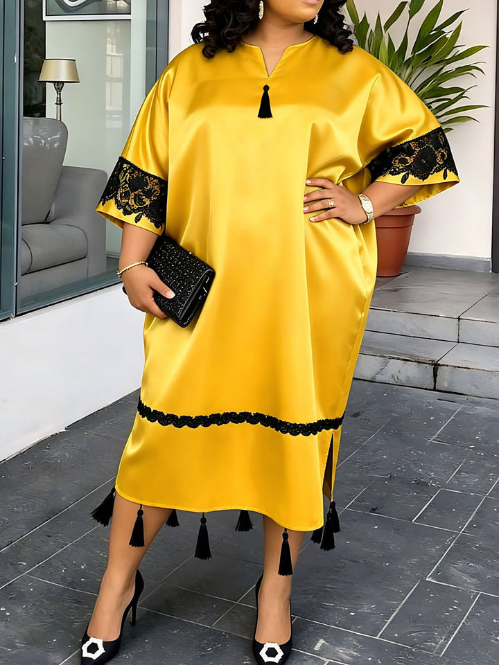 Damen elegantes Kaftankleid mit raffinierten Spitzenärmel und dekorativen Quasten Drune
