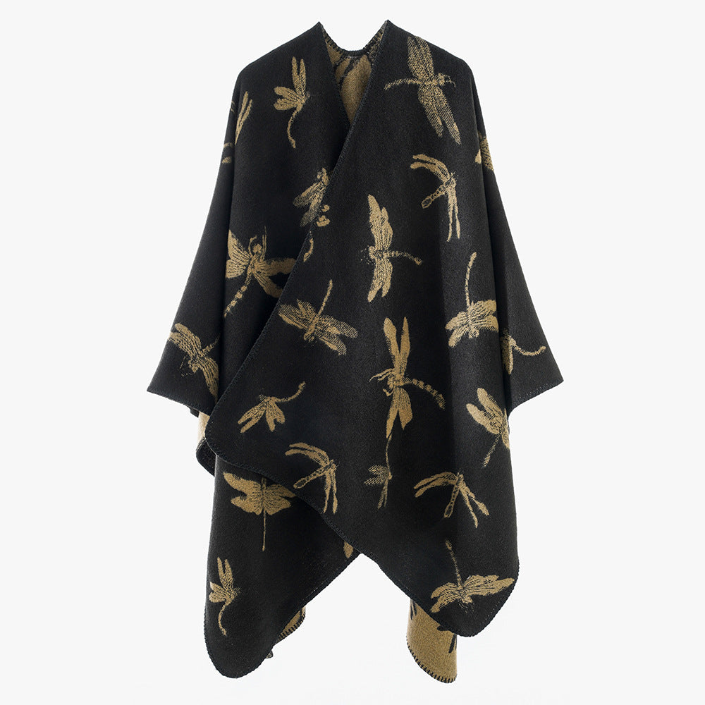 Damen Reversibler Cape-Poncho mit Libellen-Jacquard und feinem Saum Drune
