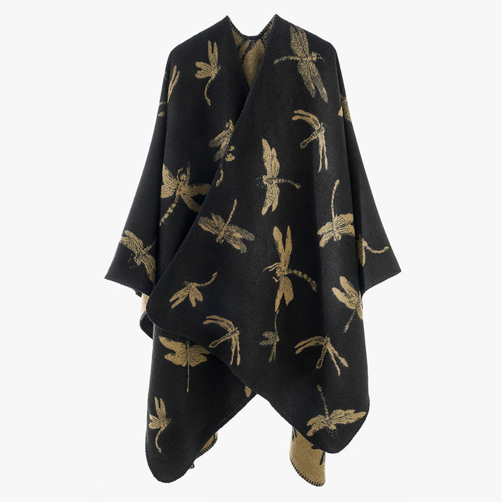 Damen Reversibler Cape-Poncho mit Libellen-Jacquard und feinem Saum Drune