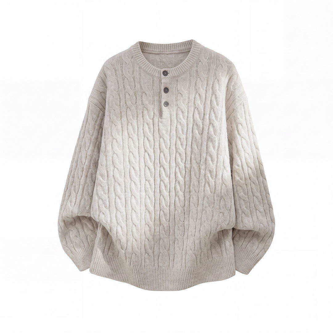 Unisex Oversize Zopfmuster-Strickpullover mit Henley-Knopfleiste Drune