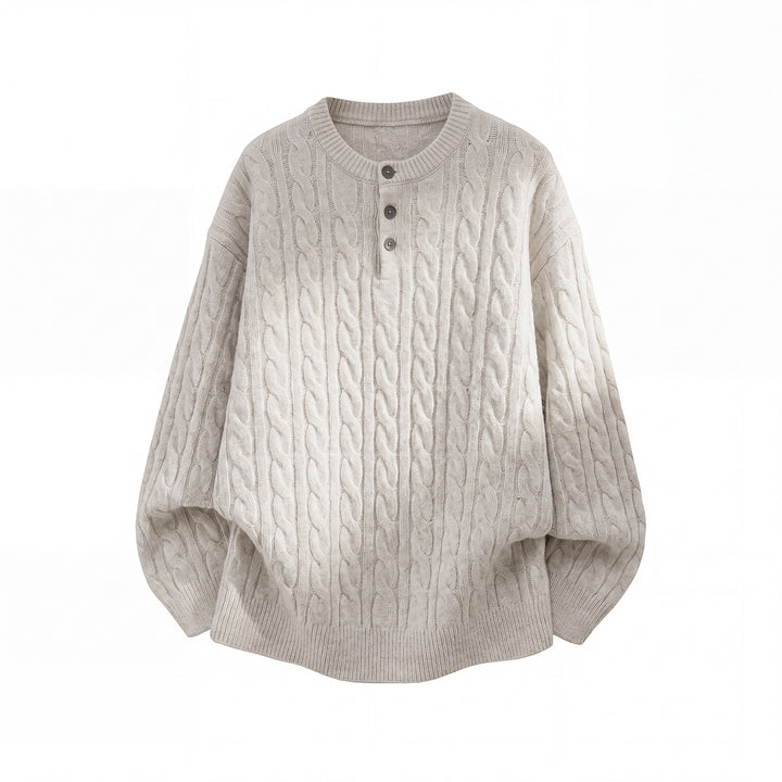 Unisex Oversize Zopfmuster-Strickpullover mit Henley-Knopfleiste Drune