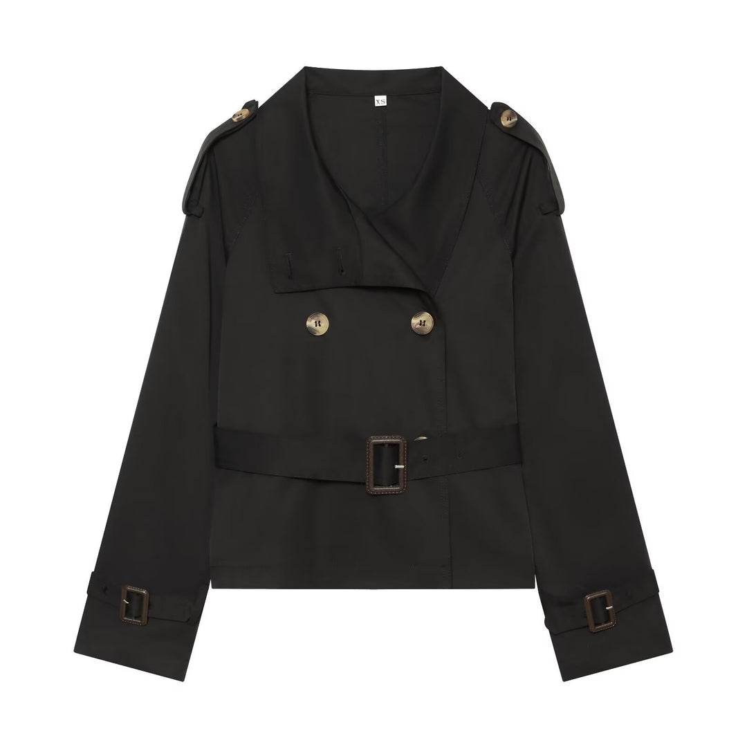 Damen Kurztrench im Boxy‑Stil mit doppelreihigem Verschluss, Schnallenärmeln und Taillengürtel Drune