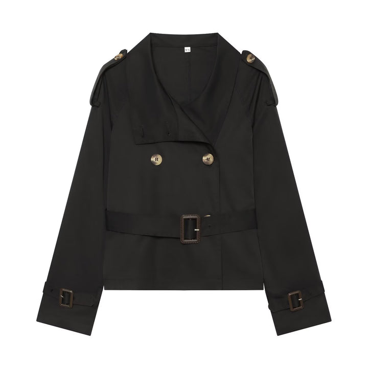 Damen Kurztrench im Boxy‑Stil mit doppelreihigem Verschluss, Schnallenärmeln und Taillengürtel Drune