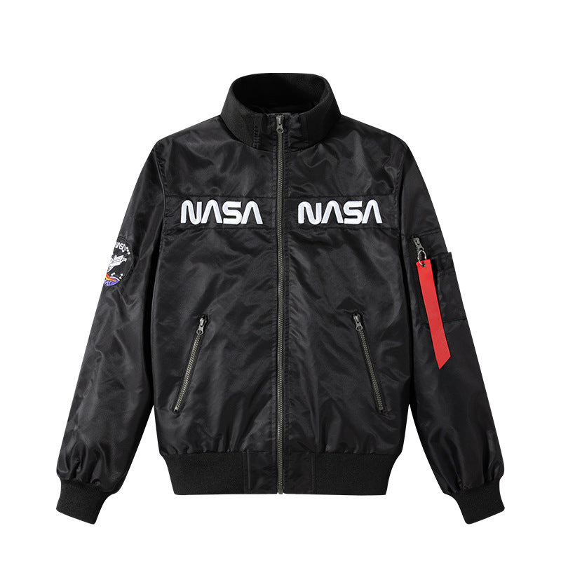 Herren o-Glanz-Technik-Bomber mit gestickten NASA-Brustpaneelen und Ärmeltasche Drune