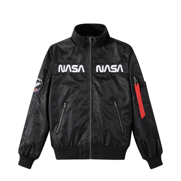 Herren o-Glanz-Technik-Bomber mit gestickten NASA-Brustpaneelen und Ärmeltasche Drune
