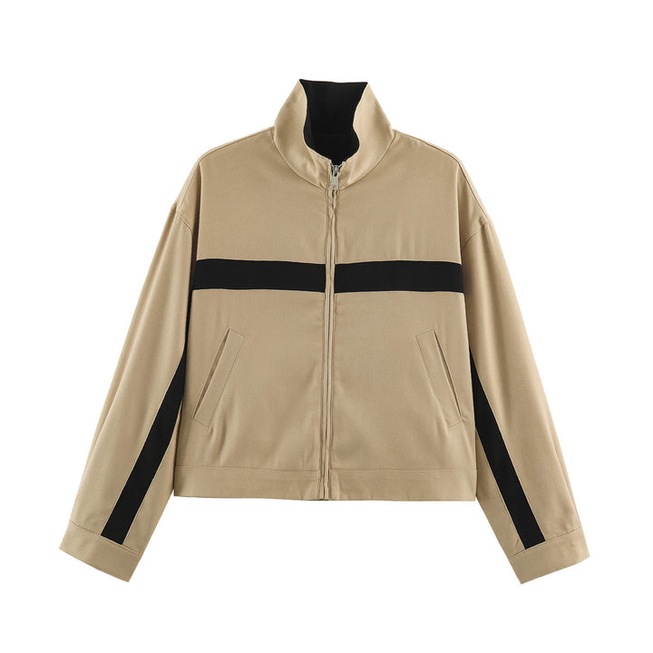 Damen Boxy-Cropped-Übergangsjacke mit Stehkragen, kontraststreifen und Eingrifftaschen Drune