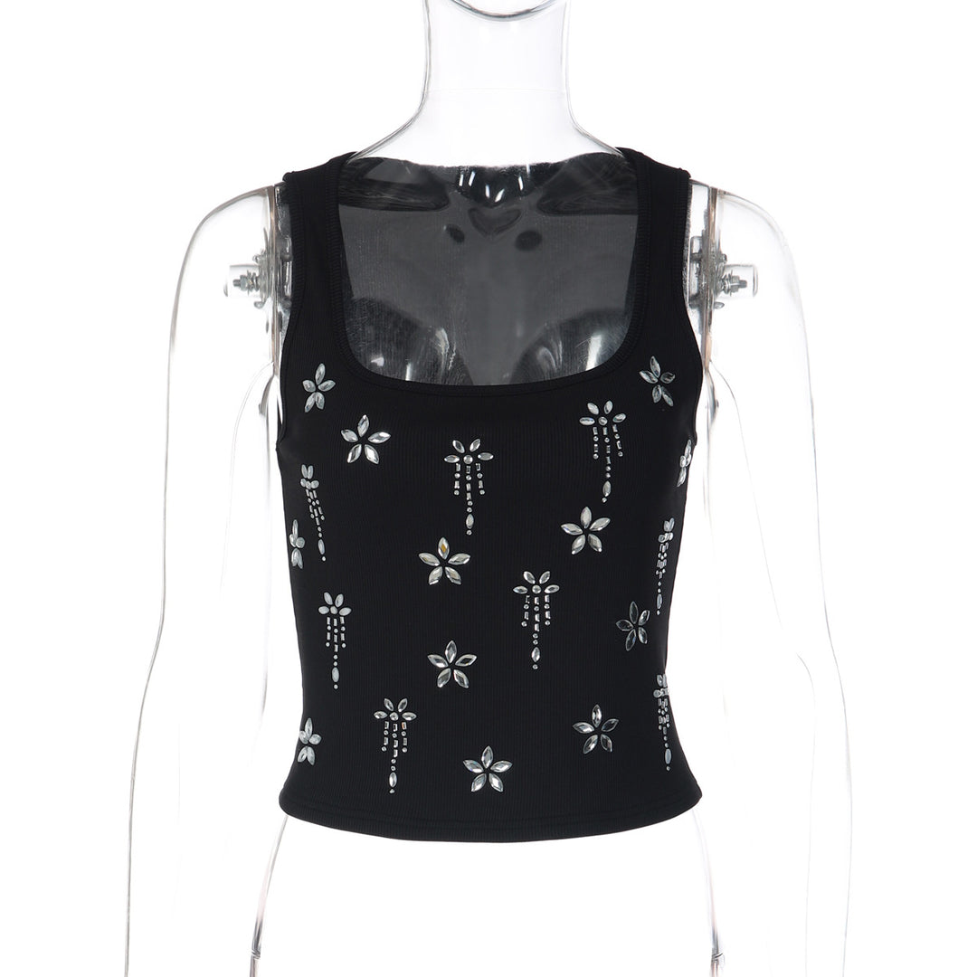 Damen Elegantes Cropped Top mit floralen Strassdetails Drune