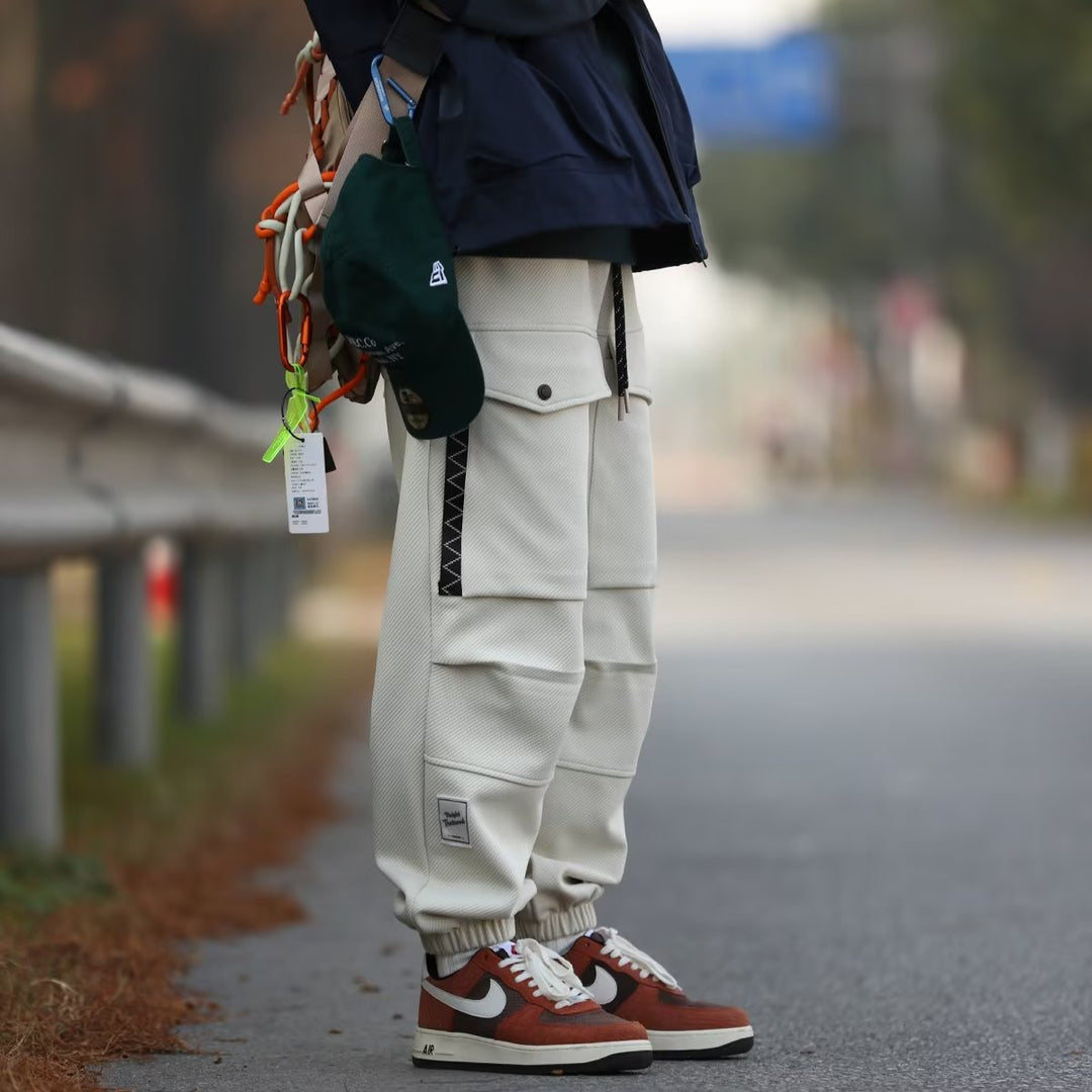 Herren weite Cargo-Jogginghose mit Kordelzug Klapptaschen und elastischen Bündchen Drune