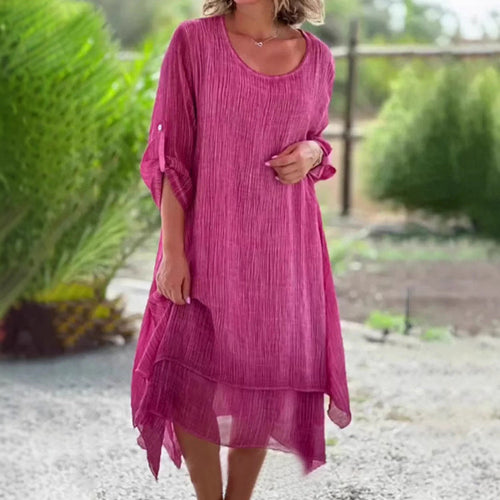 Damen nan weites Musselin-Midikleid mit rundem Halsausschnitt, krempelbaren halblangen Ärmeln und mehrlagigem Stufenrock Drune