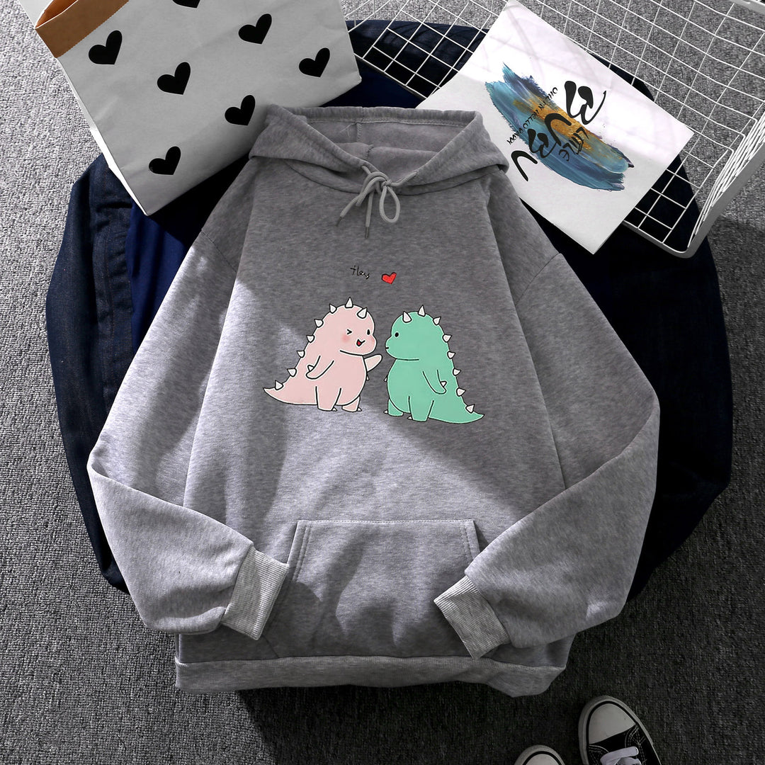 Damen nan Kapuzenpullover mit niedlicher Dinosaurierpärchen‑Illustration, Oversize‑Schnitt und Kängurutasche Drune