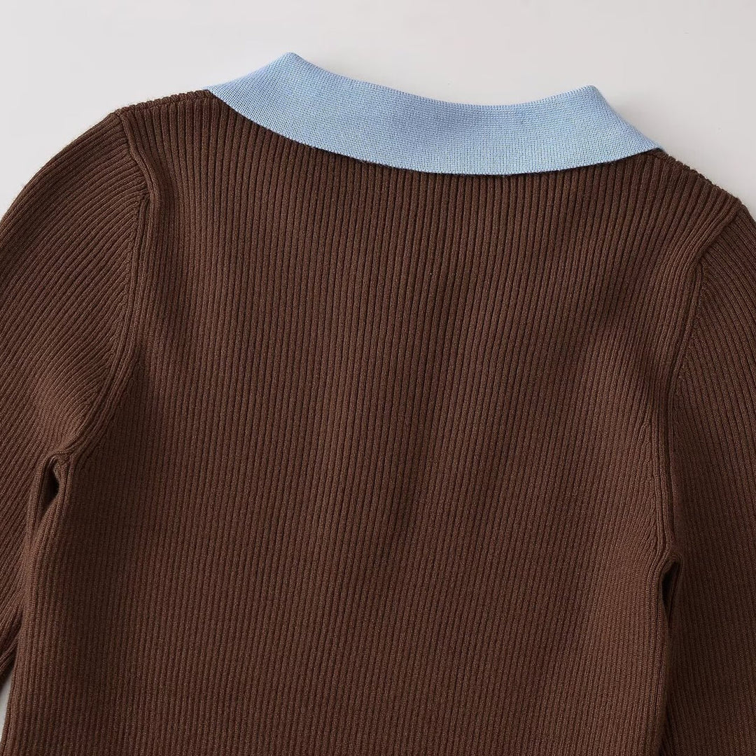 Damen Figurbetonter Rippstrick-Pullover mit Polokragen, Knopfleiste und Colorblock-Details Drune