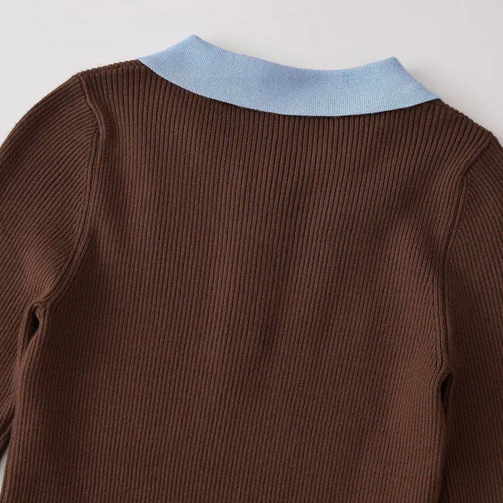 Damen Figurbetonter Rippstrick-Pullover mit Polokragen, Knopfleiste und Colorblock-Details Drune