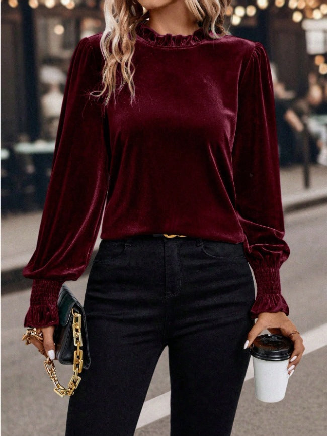 Damen Samtbluse mit Rüschenkragen, Ballonärmeln und Stretch-Smock-Bündchen Drune