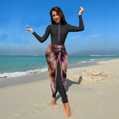 Damen Modischer UV-Schutz-Schwimmanzug mit langem Arm und asymmetrischem Rock Drune