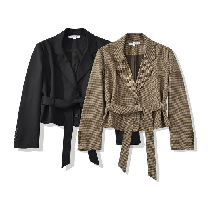 Damen Cropped Blazer mit Taillengürtel, Hahnentrittstruktur und Reverskragen Drune