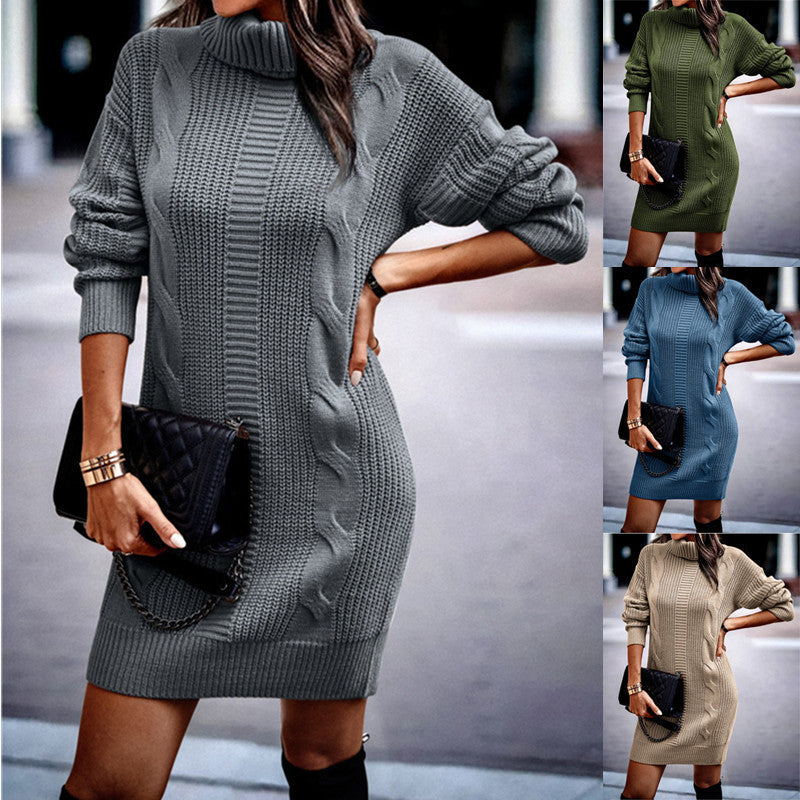 Damen nan kuscheliges Strickkleid mit Rollkragen, Zopfmuster und Oversize-Silhouette Drune