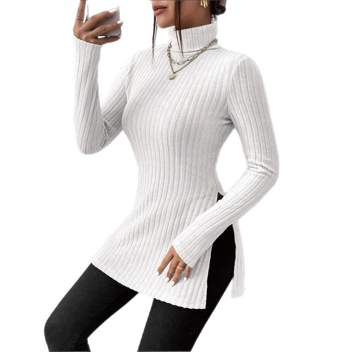 Damen Figurschmeichelnder gerippter Rollkragen-Longpullover mit Seitenschlitzen Drune