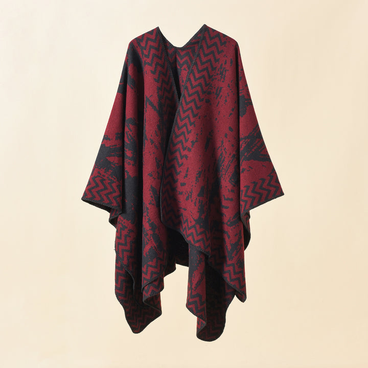 Damen Strick‑Ruana mit abstraktem Jacquard und Kettelsaum Drune