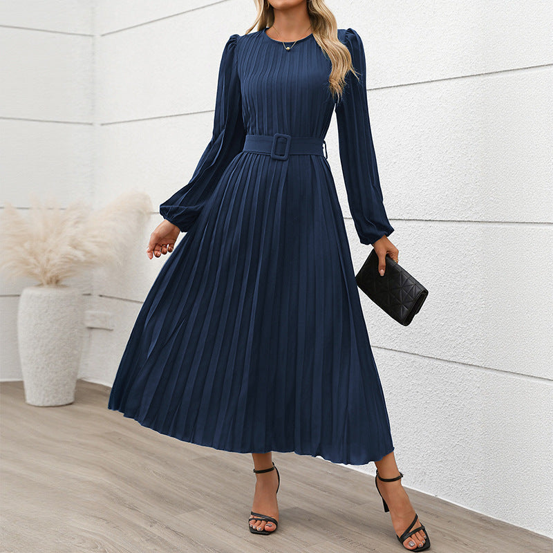 Damen Elegantes Faltenmaxikleid mit Taillengürtel Drune