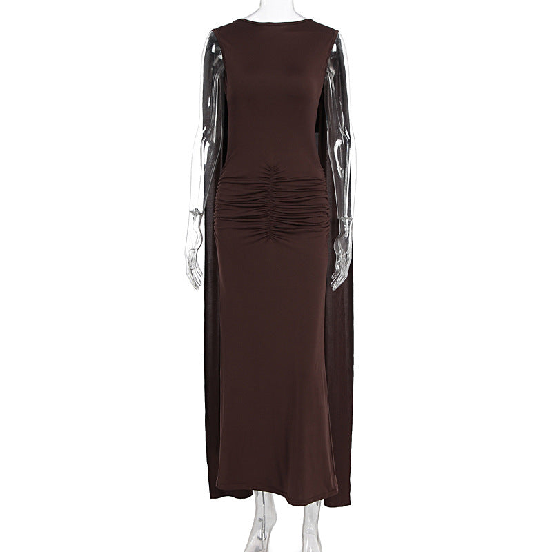 Damen Elegantes Maxikleid mit Raffungen und transparenten Ärmeln Drune