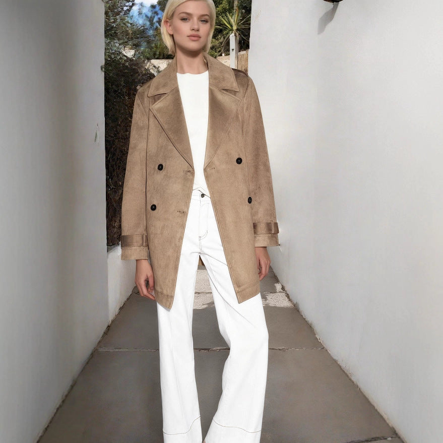 Damen Doppelreihiger Wildlederoptik-Trenchcoat mit Taillengürtel Drune