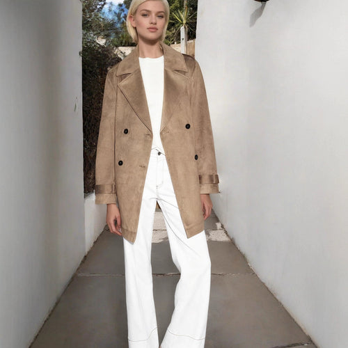 Damen Doppelreihiger Wildlederoptik-Trenchcoat mit Taillengürtel Drune