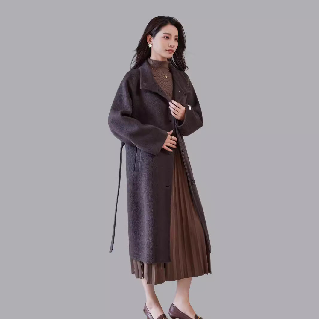 Damen Oversize Wollmantel mit Stehkragen und Taillengürtel Drune