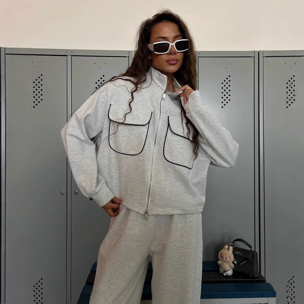 Damen lässiges Sportanzug-Set mit modischer Jacke und weit geschnittenen Hosen Drune