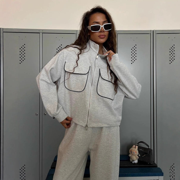 Damen lässiges Sportanzug-Set mit modischer Jacke und weit geschnittenen Hosen Drune